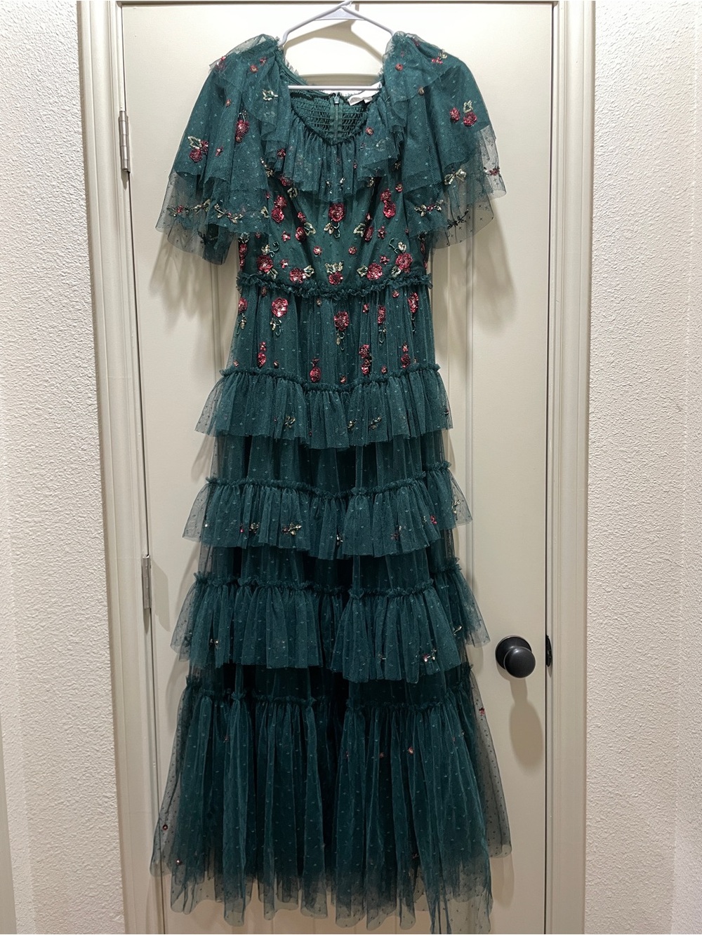 Ivy City Co Teal Tiered Floral Tulle Maxi Dress